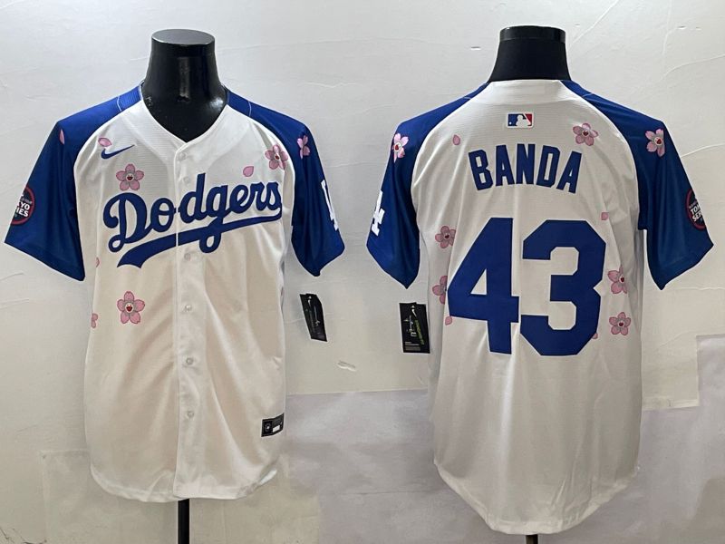 Men Los Angeles Dodgers #43 Banda White Blue Sakura Edition 2025 Nike MLB Jersey style 1